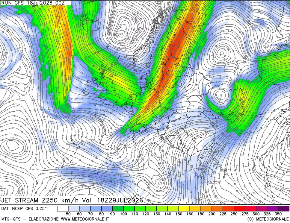 mappa 250 hPa Jet stream