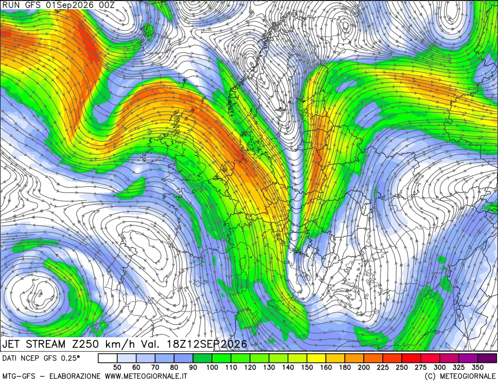 mappa 250 hPa Jet stream