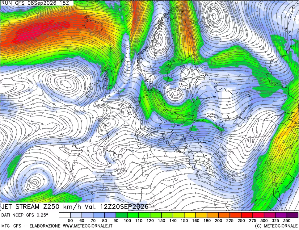 mappa 250 hPa Jet stream