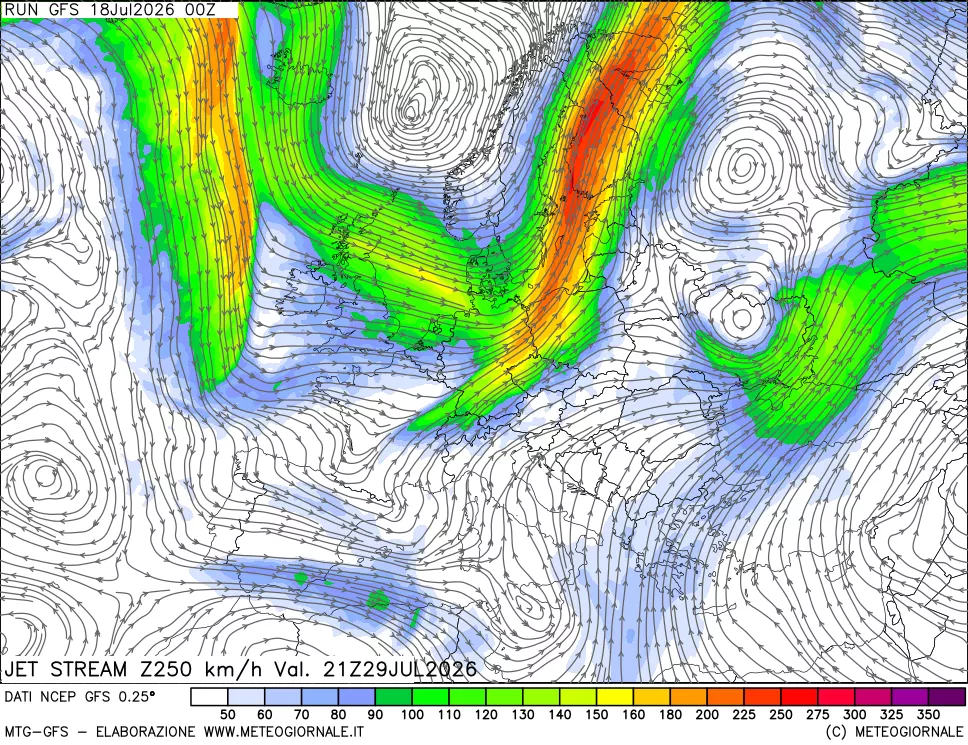 mappa 250 hPa Jet stream