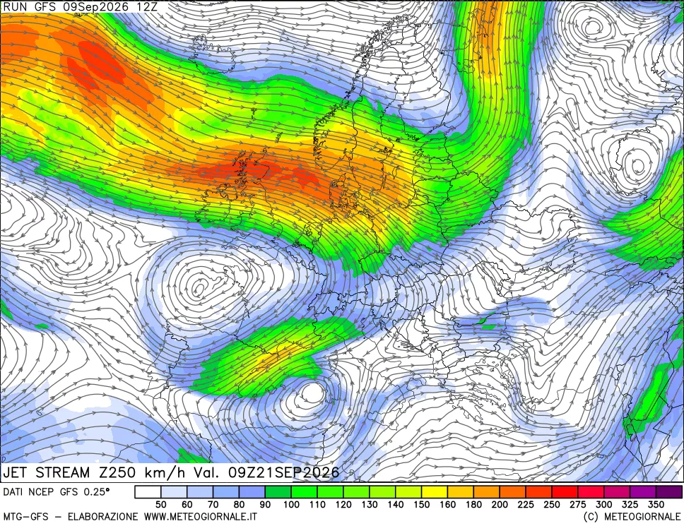 mappa 250 hPa Jet stream