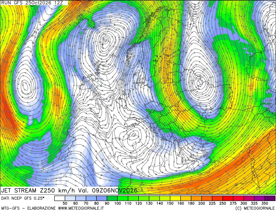 mappa 250 hPa Jet stream