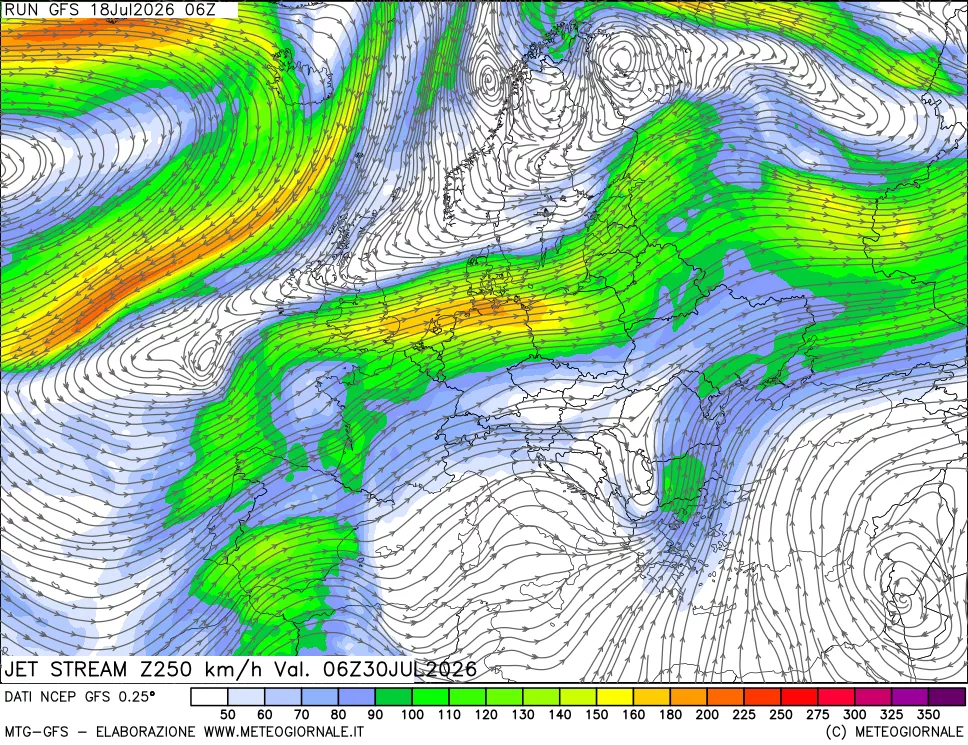 mappa 250 hPa Jet stream