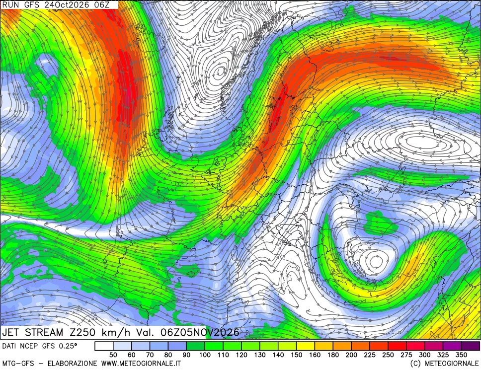 mappa 250 hPa Jet stream