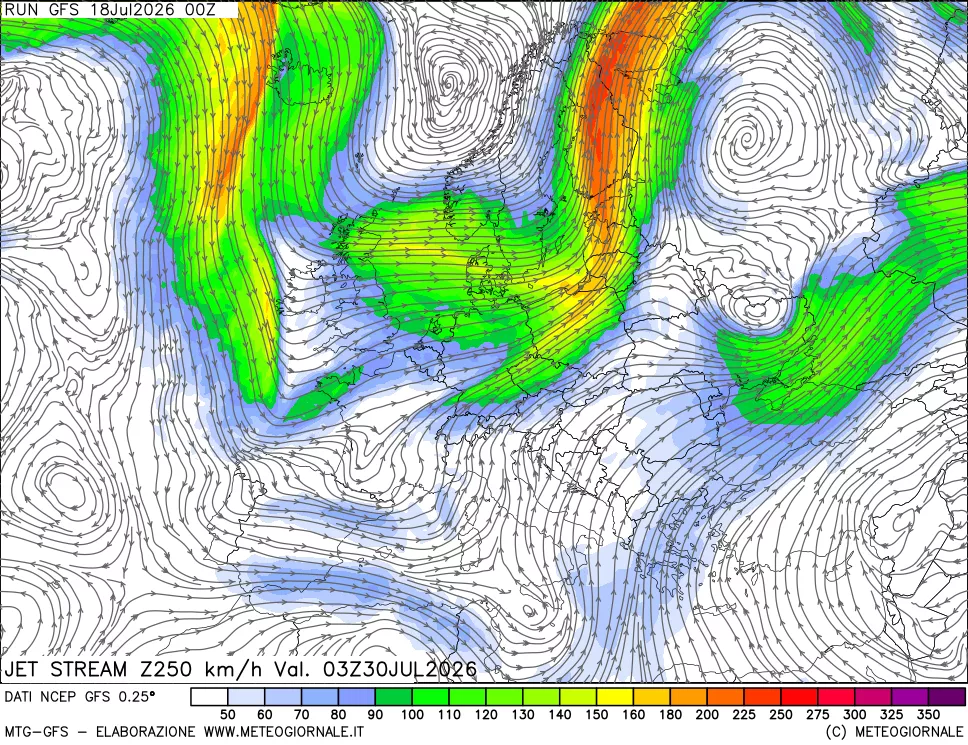 mappa 250 hPa Jet stream