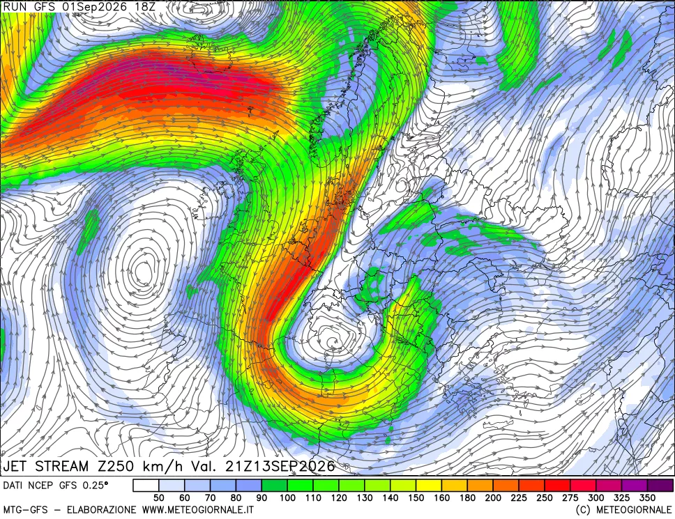 mappa 250 hPa Jet stream