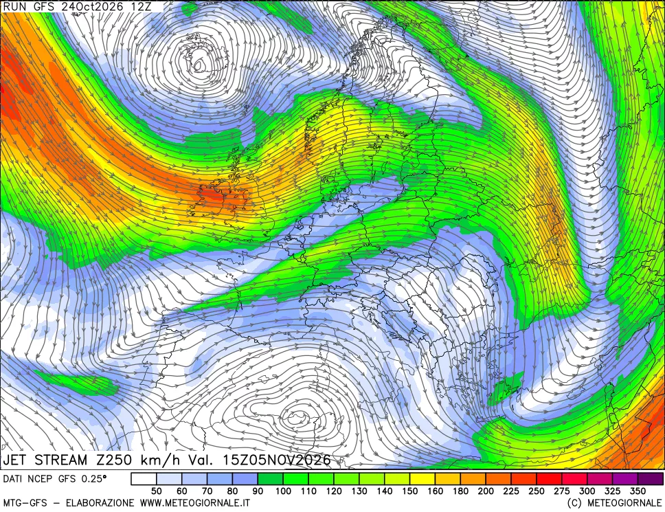 mappa 250 hPa Jet stream