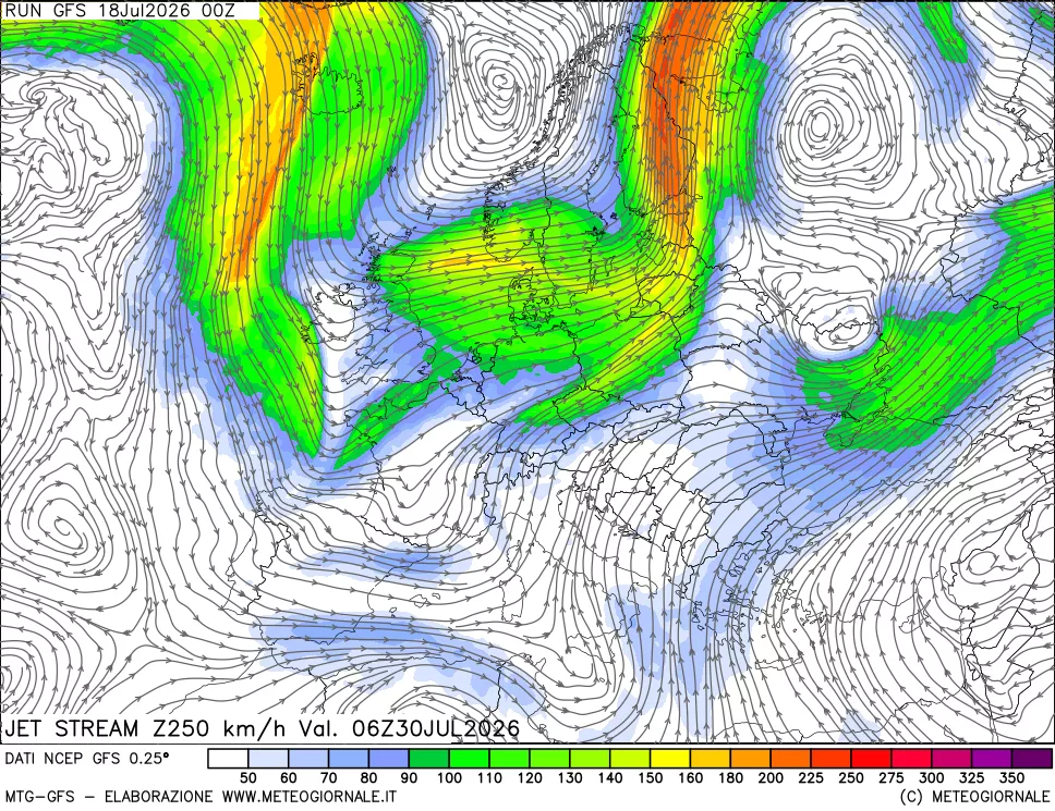 mappa 250 hPa Jet stream