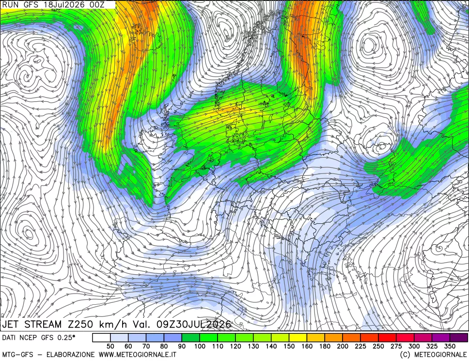 mappa 250 hPa Jet stream