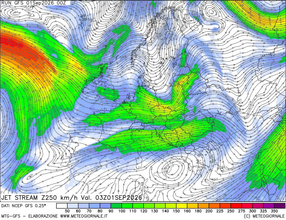 mappa 250 hPa Jet stream