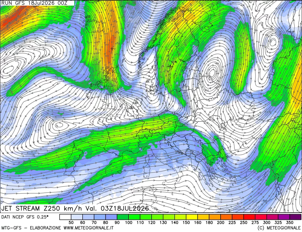 mappa 250 hPa Jet stream