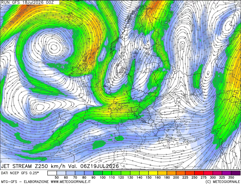 mappa 250 hPa Jet stream
