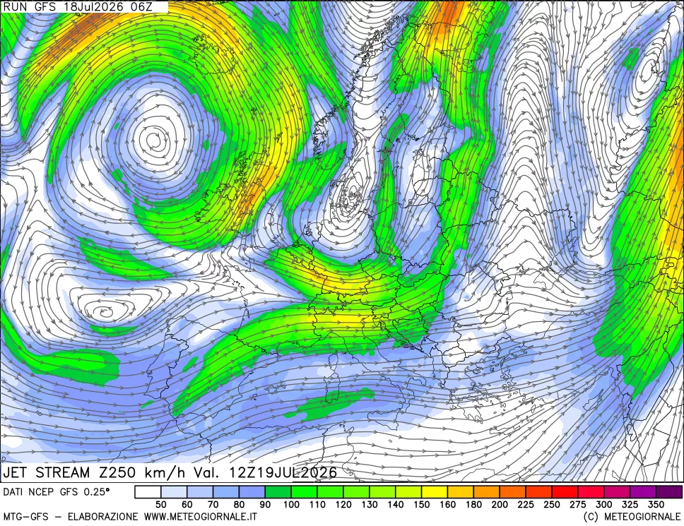 mappa 250 hPa Jet stream