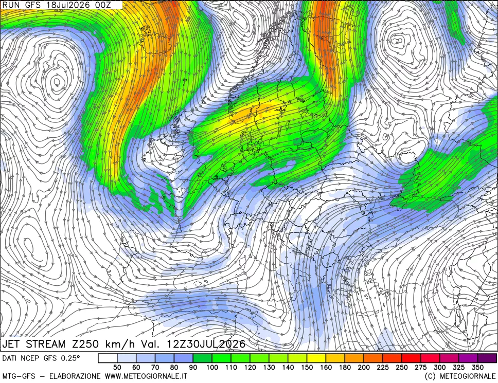 mappa 250 hPa Jet stream