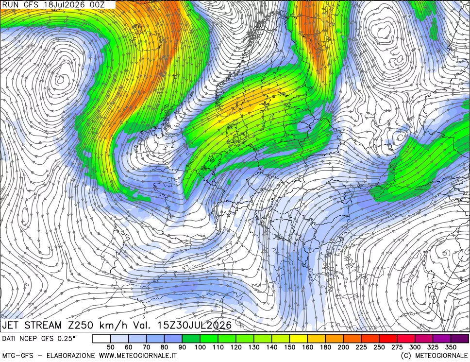 mappa 250 hPa Jet stream
