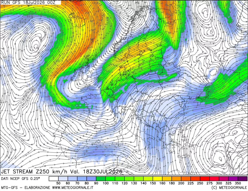 mappa 250 hPa Jet stream
