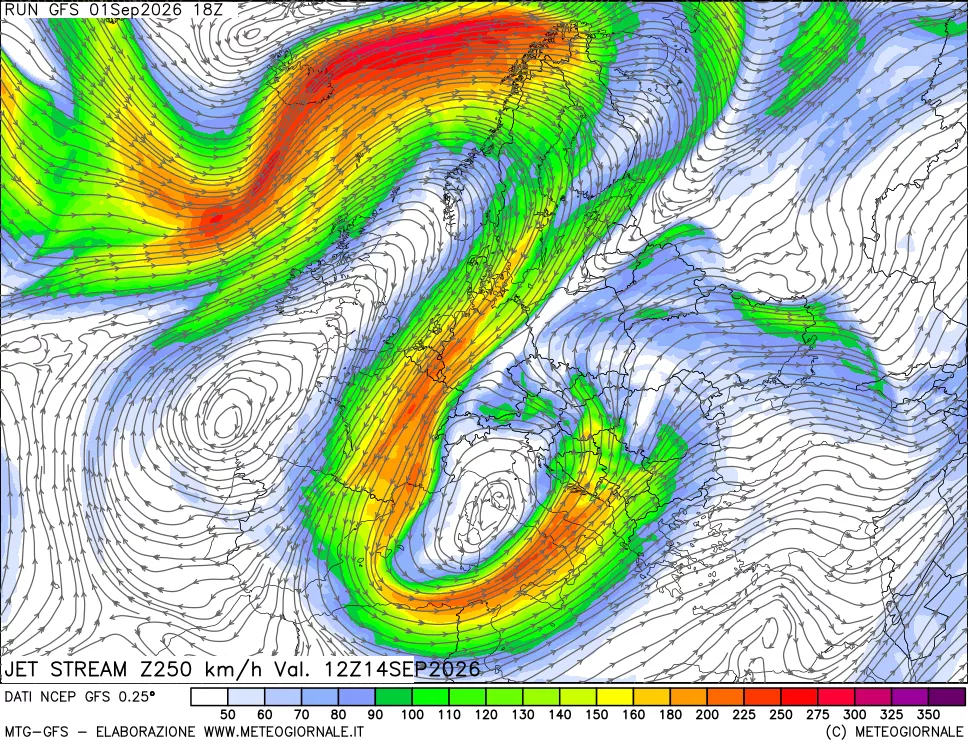 mappa 250 hPa Jet stream