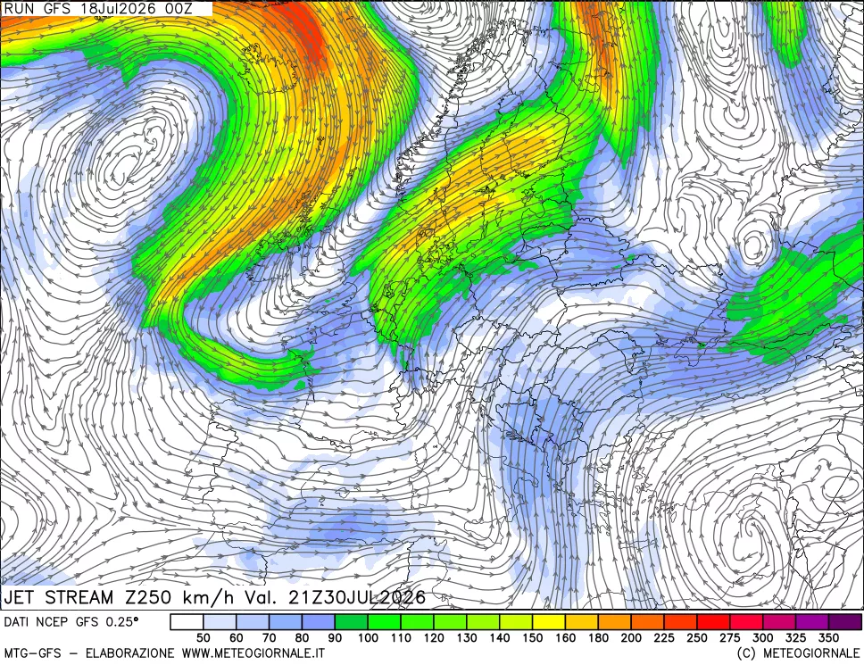 mappa 250 hPa Jet stream