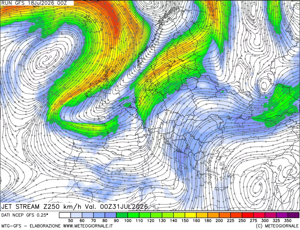 mappa 250 hPa Jet stream