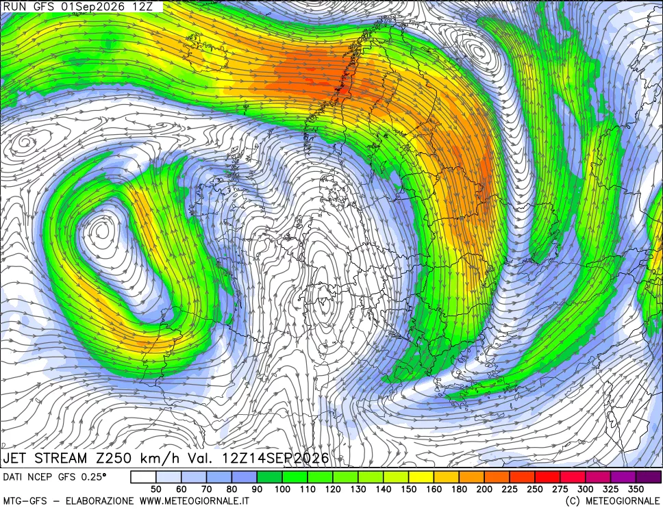 mappa 250 hPa Jet stream