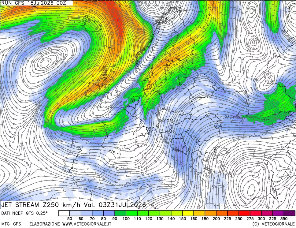 mappa 250 hPa Jet stream