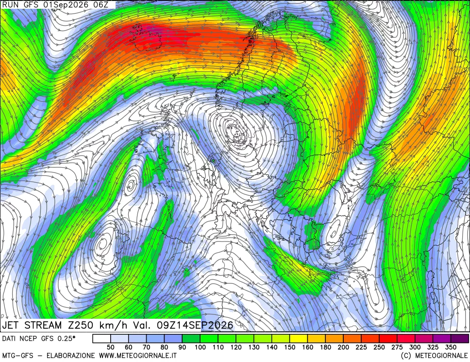 mappa 250 hPa Jet stream