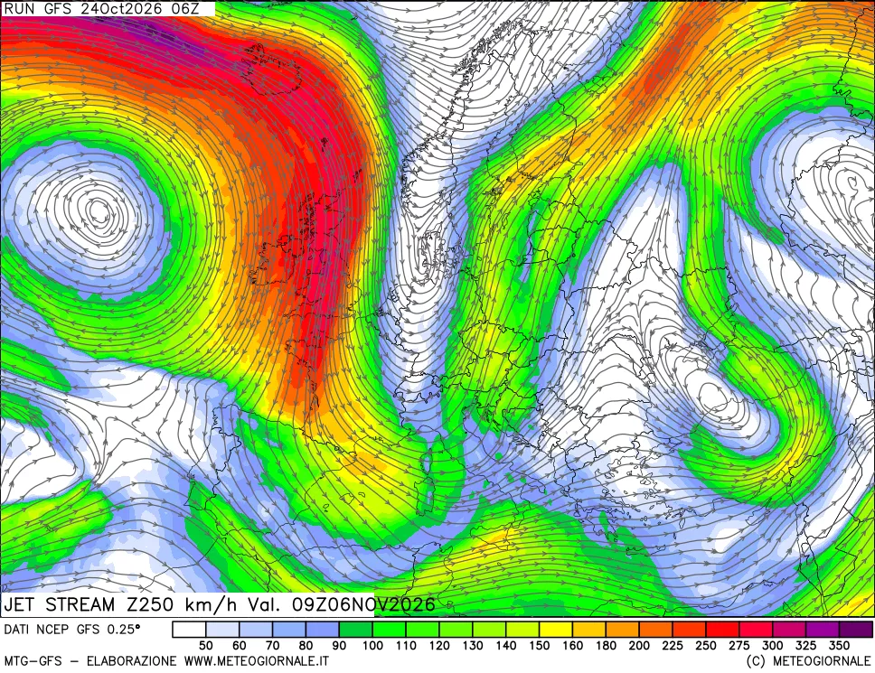 mappa 250 hPa Jet stream