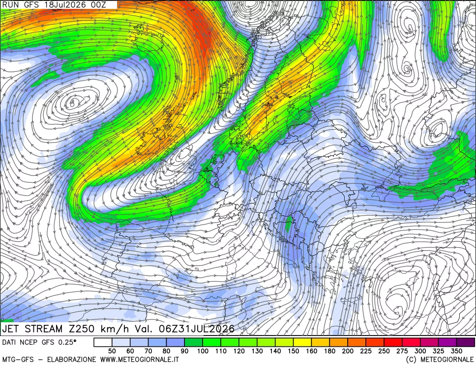mappa 250 hPa Jet stream