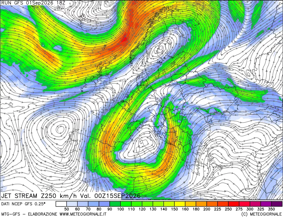 mappa 250 hPa Jet stream