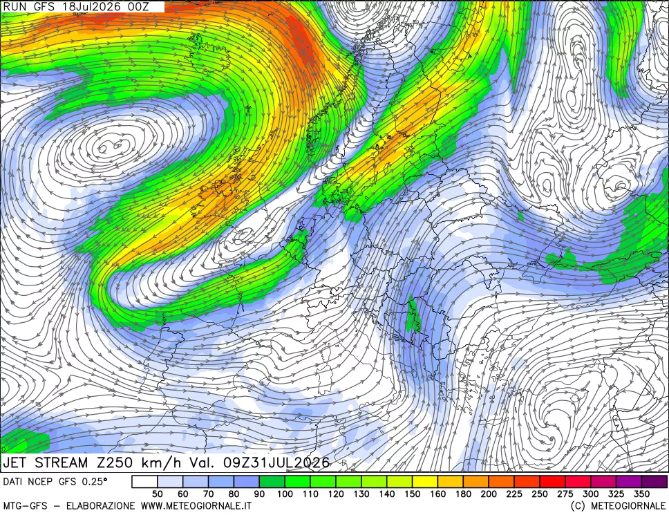 mappa 250 hPa Jet stream