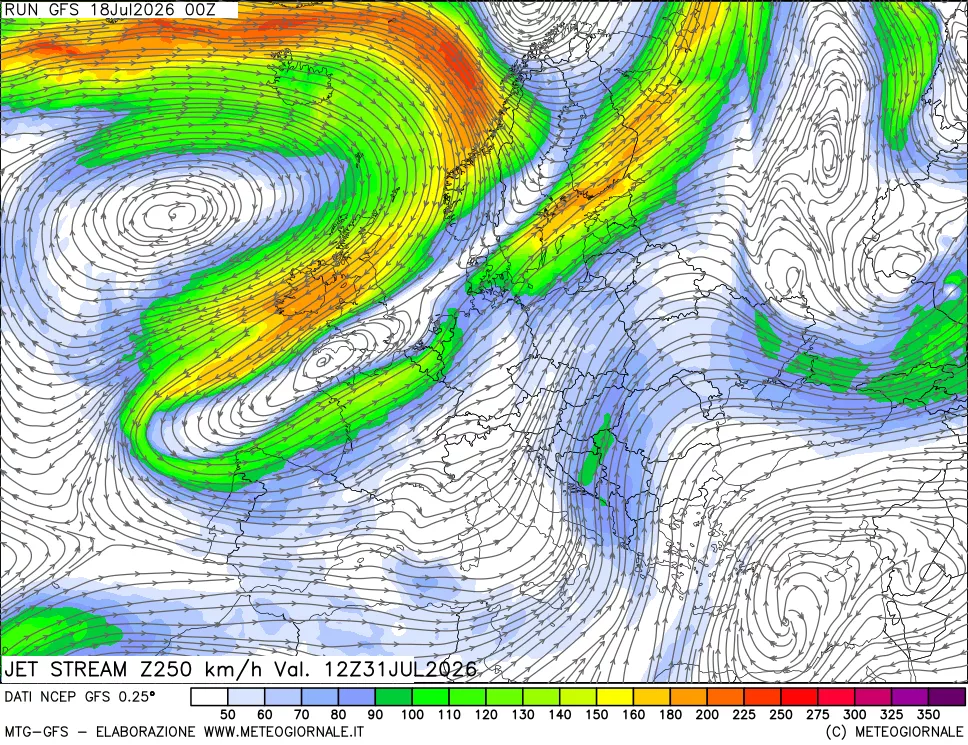 mappa 250 hPa Jet stream