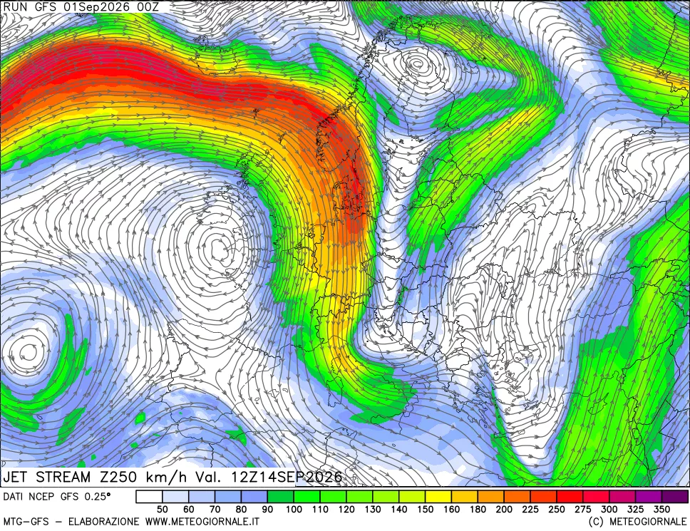 mappa 250 hPa Jet stream
