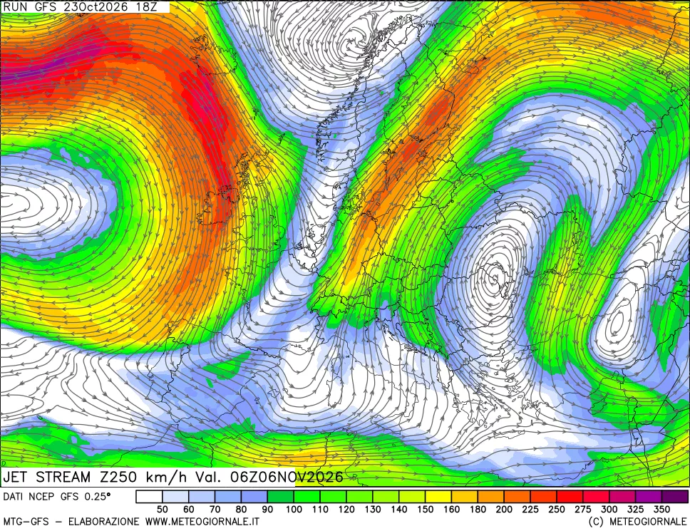 mappa 250 hPa Jet stream