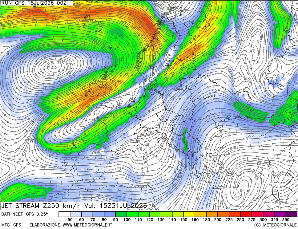mappa 250 hPa Jet stream