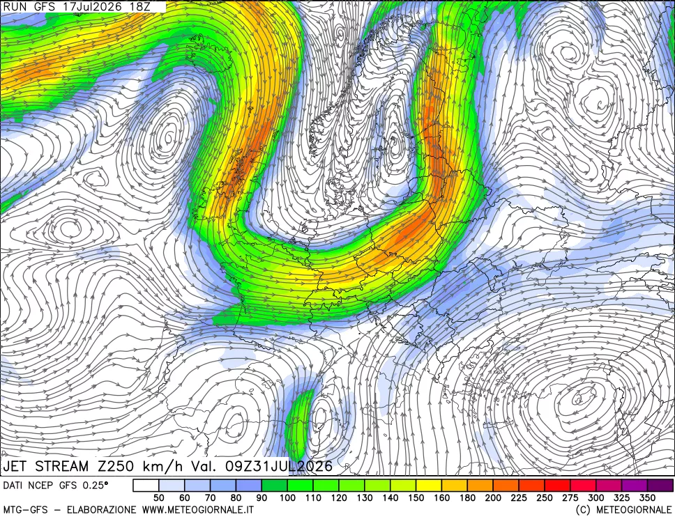 mappa 250 hPa Jet stream
