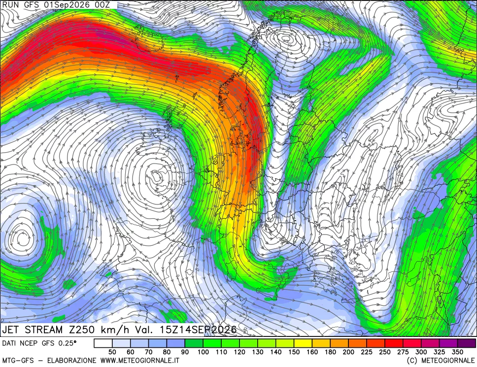 mappa 250 hPa Jet stream