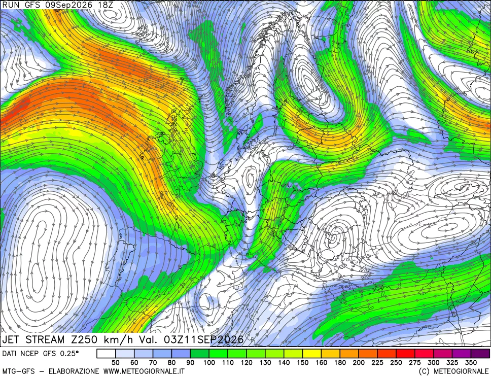 mappa 250 hPa Jet stream