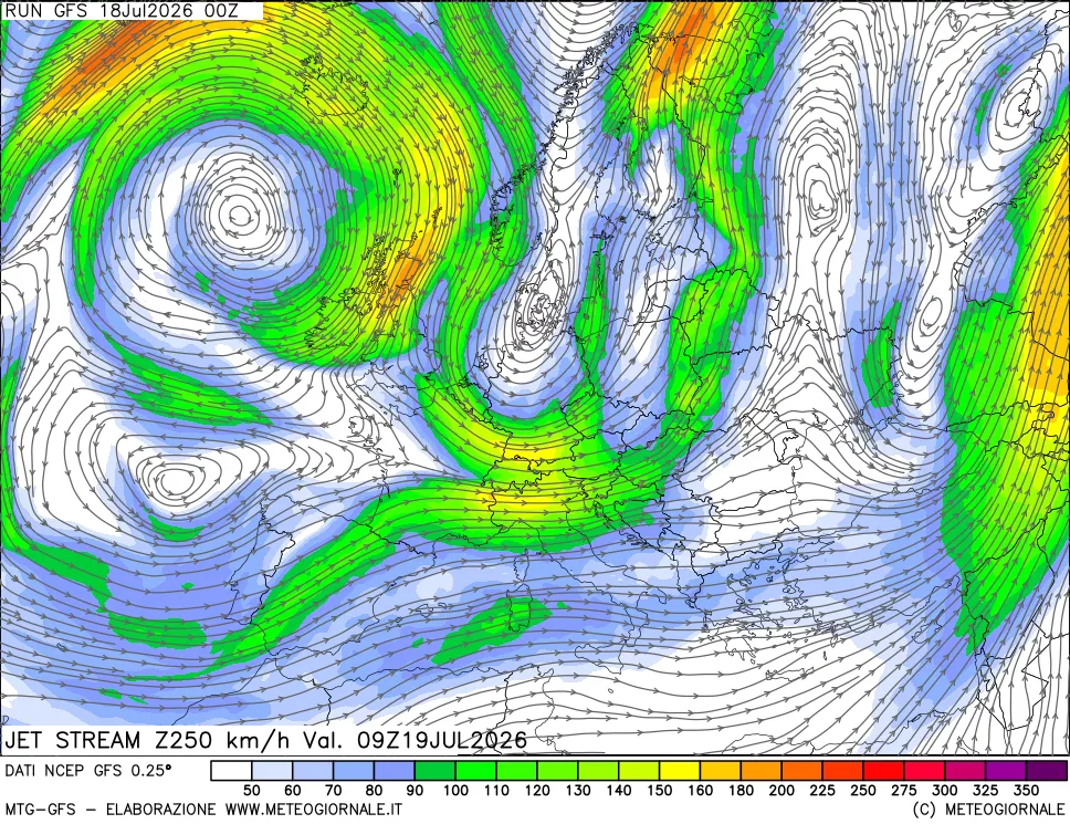mappa 250 hPa Jet stream
