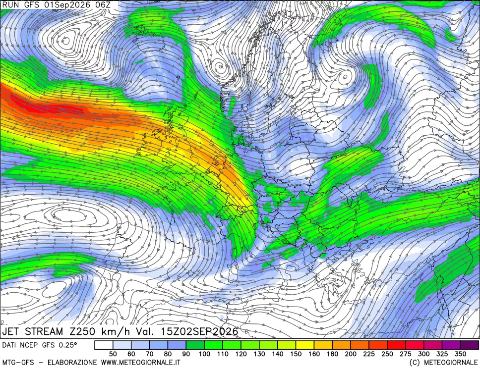 mappa 250 hPa Jet stream