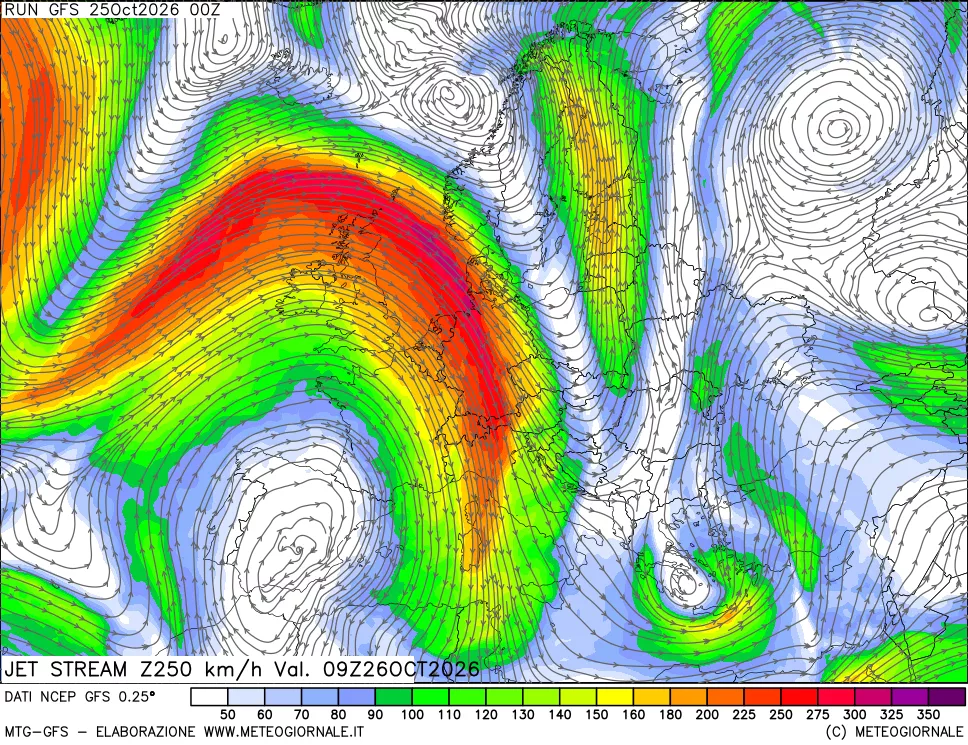 mappa 250 hPa Jet stream