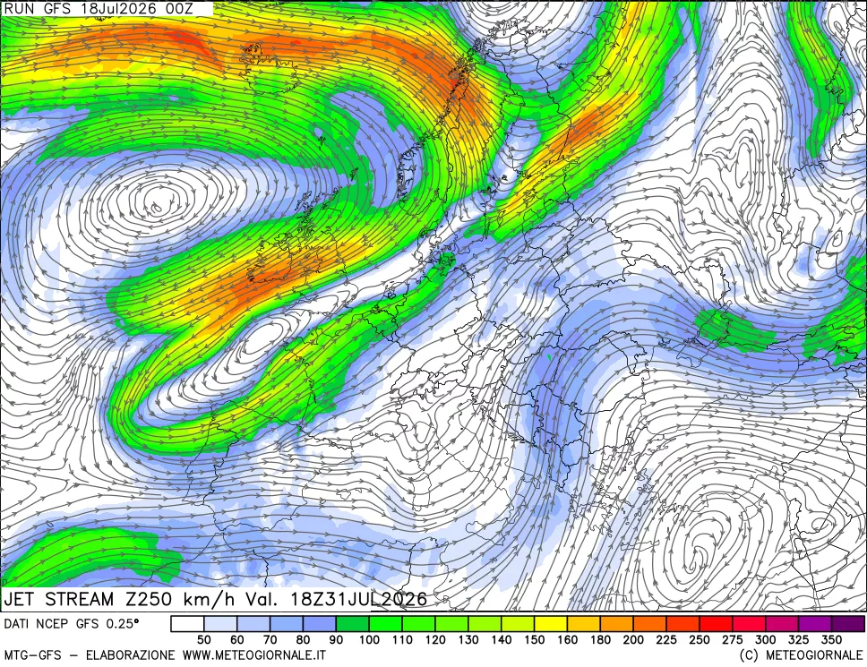 mappa 250 hPa Jet stream