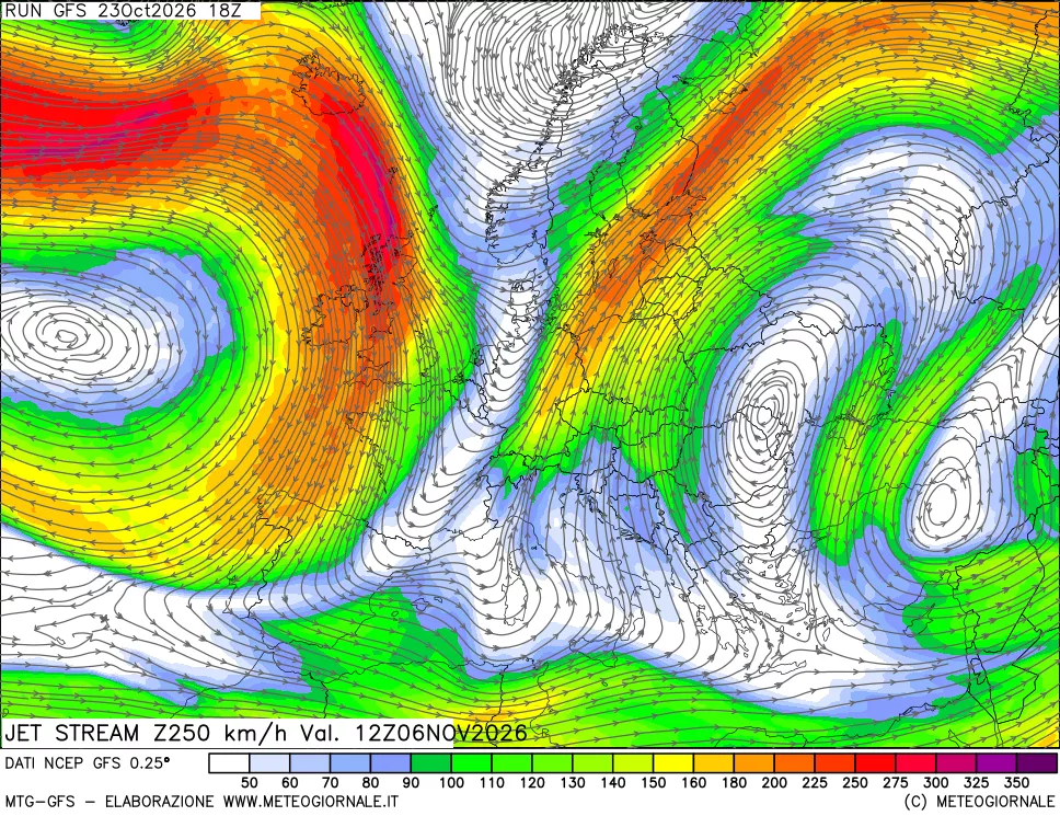 mappa 250 hPa Jet stream