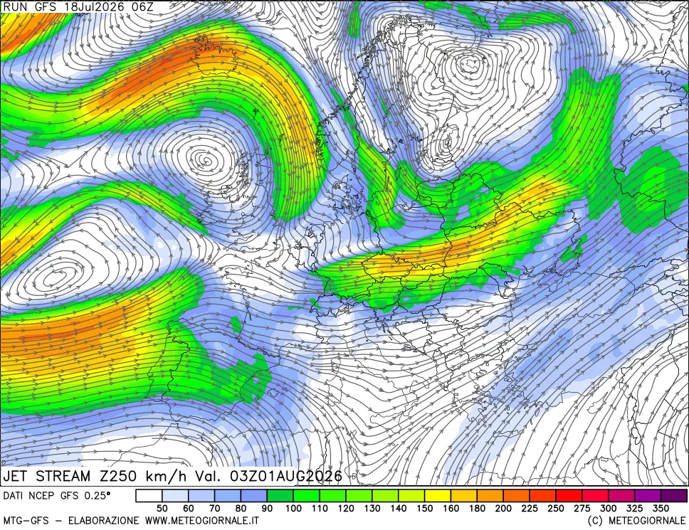 mappa 250 hPa Jet stream