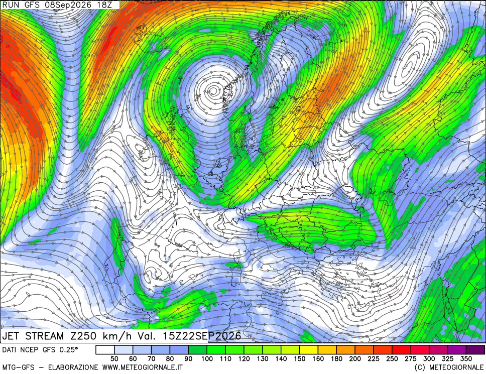 mappa 250 hPa Jet stream