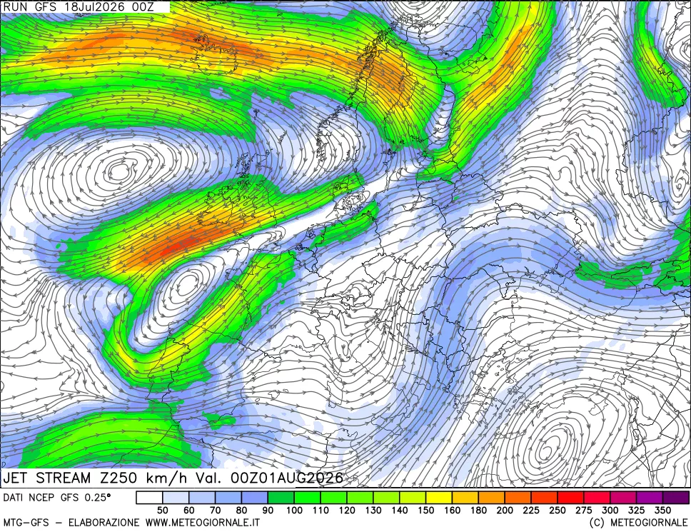 mappa 250 hPa Jet stream