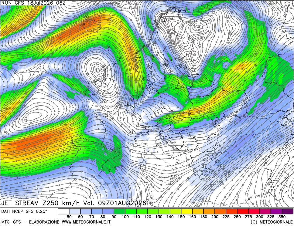 mappa 250 hPa Jet stream