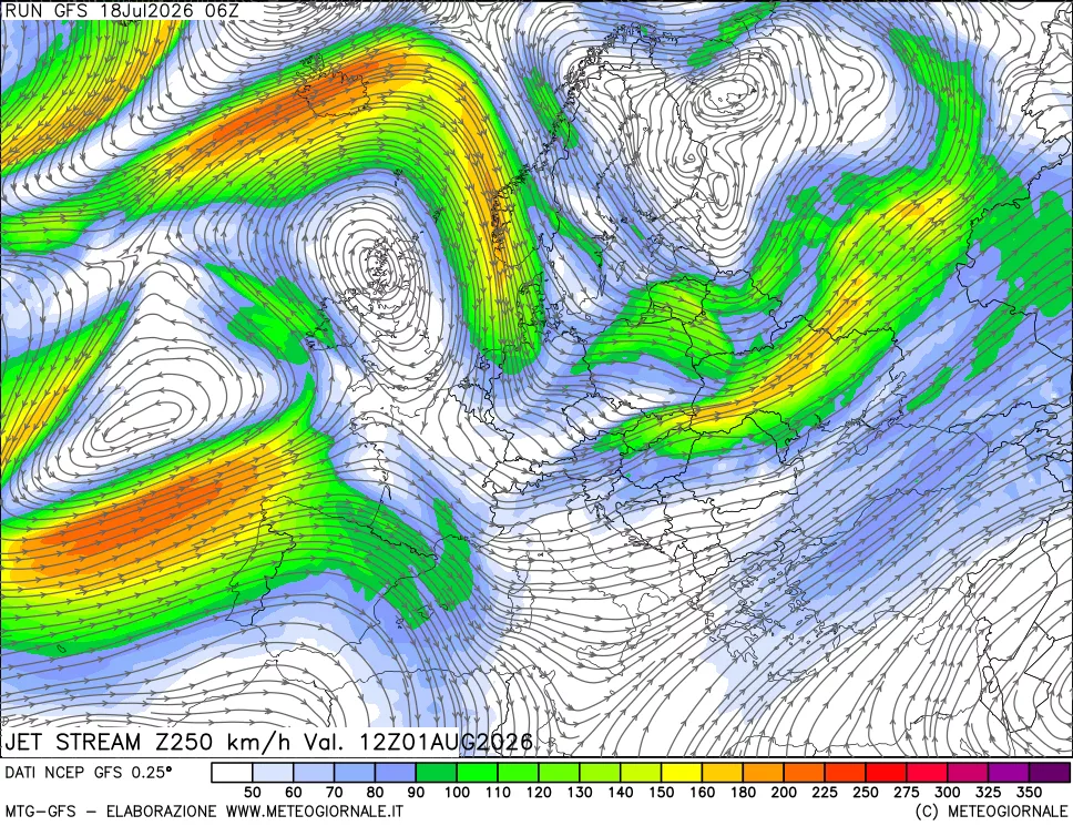 mappa 250 hPa Jet stream