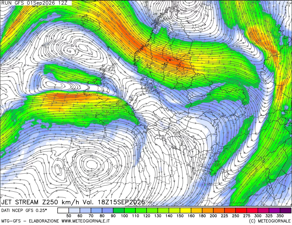 mappa 250 hPa Jet stream