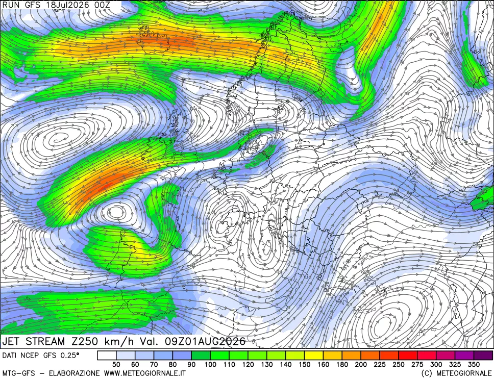 mappa 250 hPa Jet stream