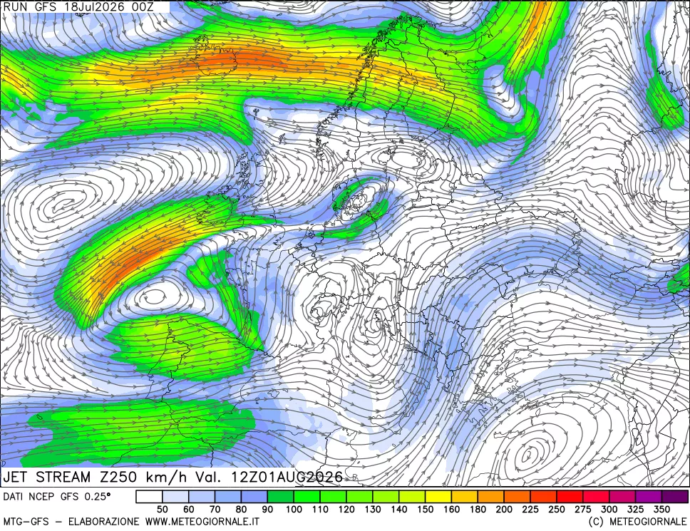 mappa 250 hPa Jet stream